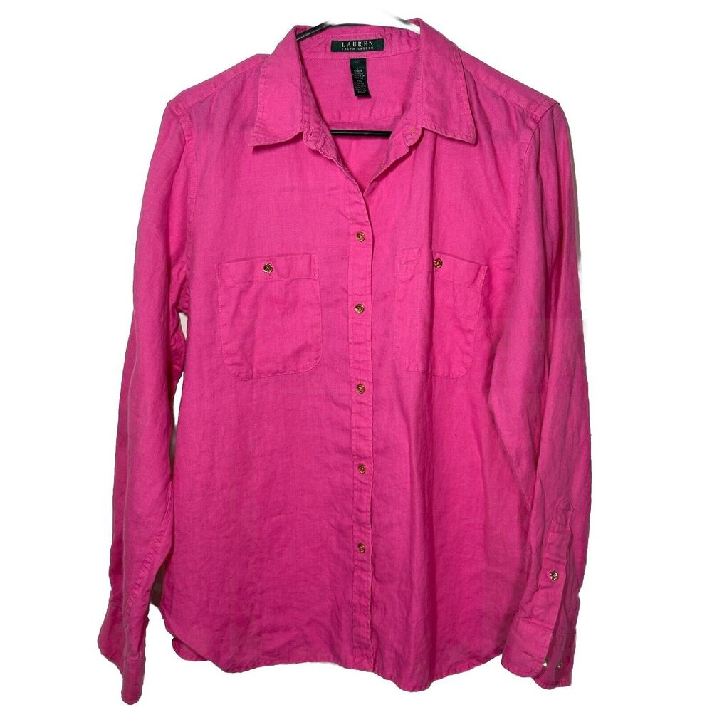 Ralph Lauren Pink Linen Button Down Shirt Long Sleeves Roll Tab Large
